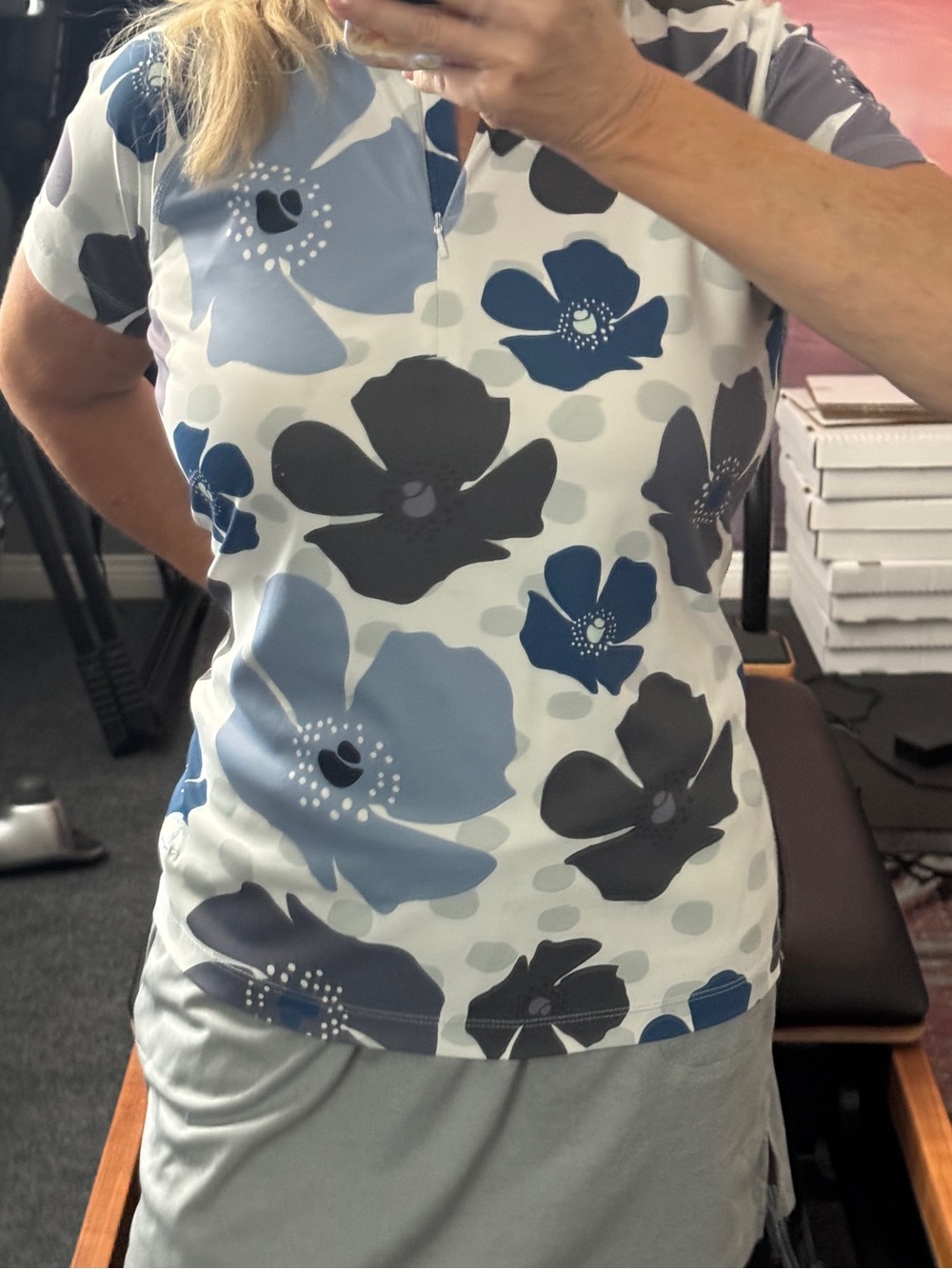 PIckleball Outfit Floral Print Short Sleeve Blue & Gray Top and Gray Bottoms